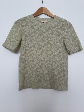Rebecca Taylor Lace Textured Leaf-Pattern Short Sleeve Top in Sage Green